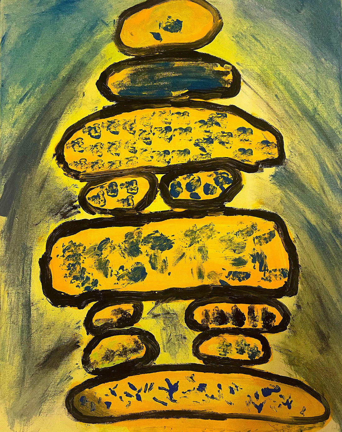 Abstract painting of balanced stones exploring balance, tension and creative process