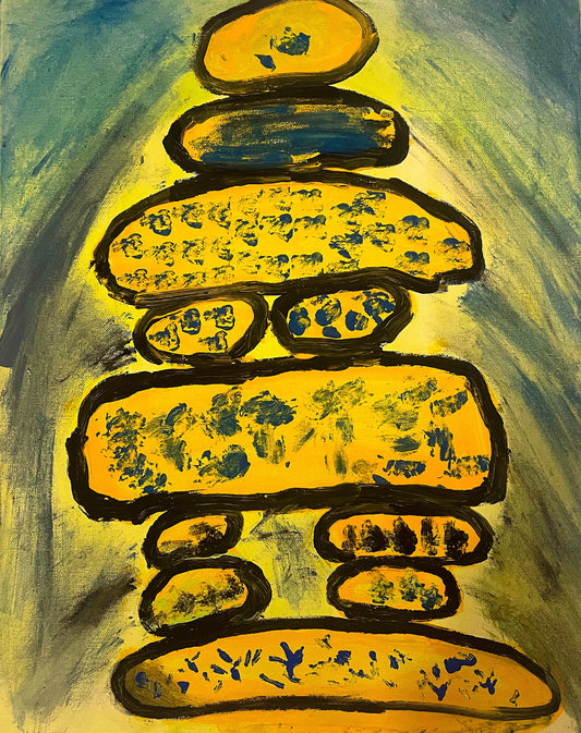 Abstract painting of balanced stones exploring balance, tension and creative process